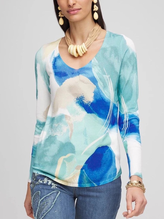 Chico's Tops - Chico’s V Neck Pullover Sweater Size 2 Large Blue Aqua Abstract Watercolor Knit